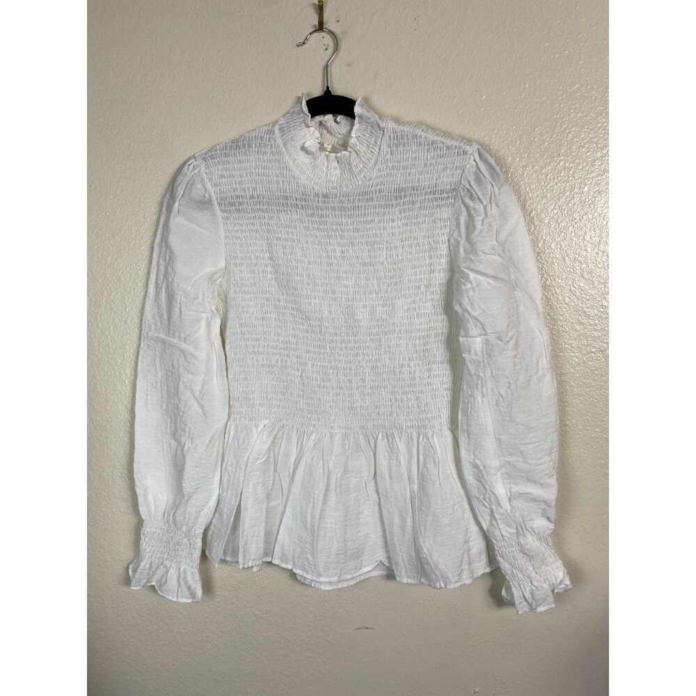 White Étophe Studios Ruffled Smocked Blouse Top Size Medium Long Sleeve Stretch